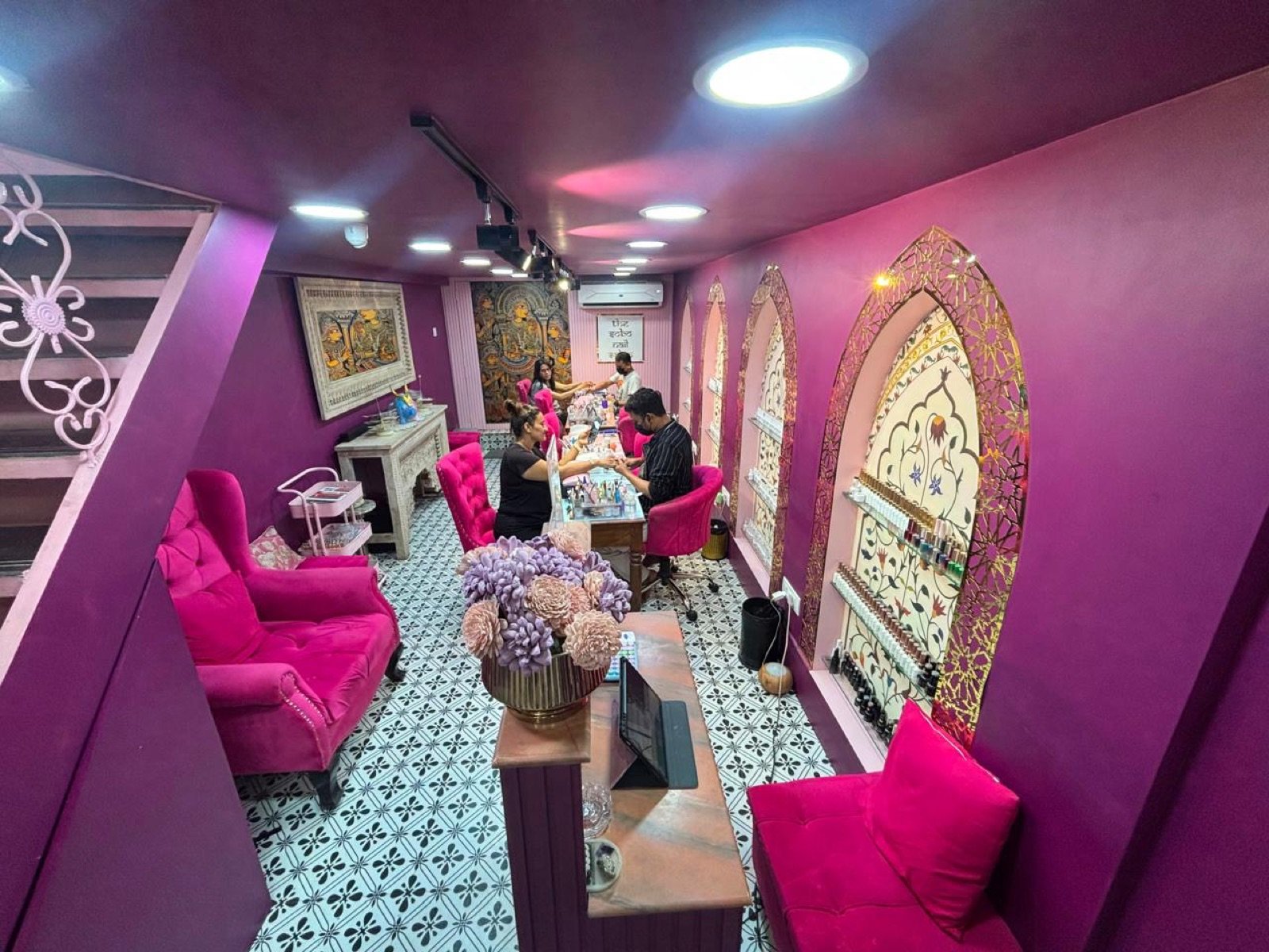 The SoBo Nail Salon Seawoods manicure stations with Rajasthani decor